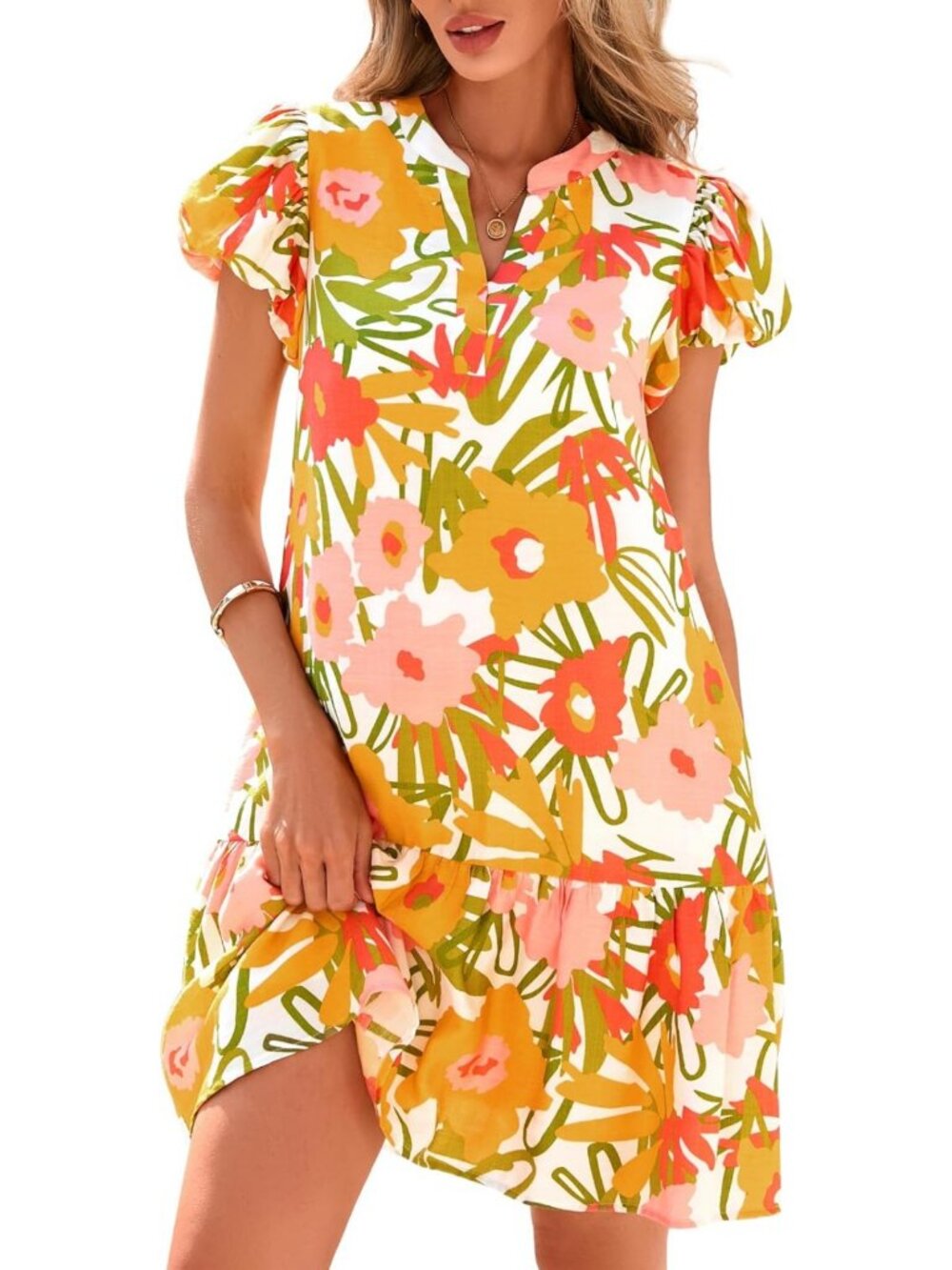 Floral Puff Sleeve Mini Dress | Summer V-Neck A-Line Boho Sundress with Pockets